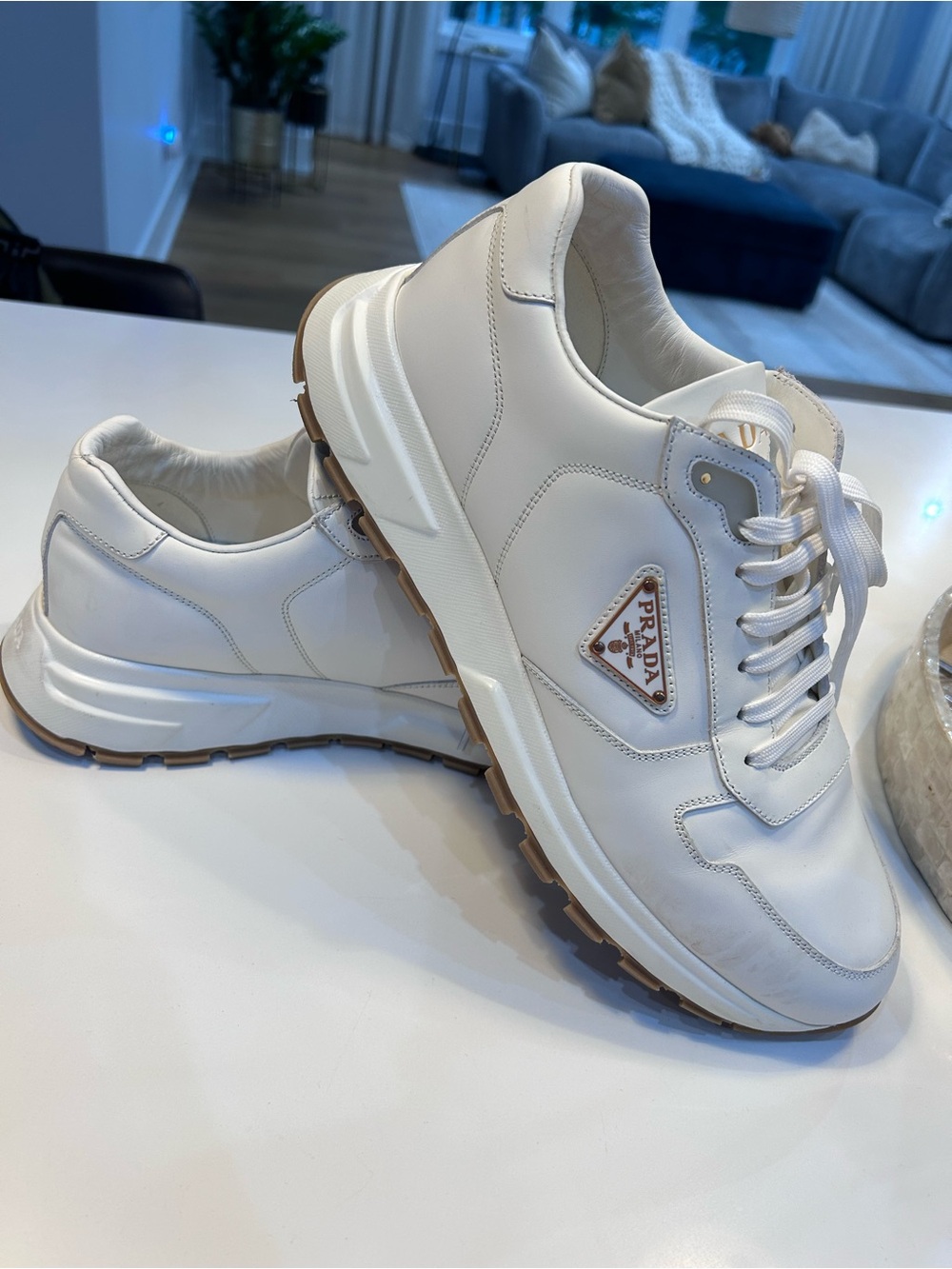 Prada Men's White Leather Sneakers with Tan Sole Accents